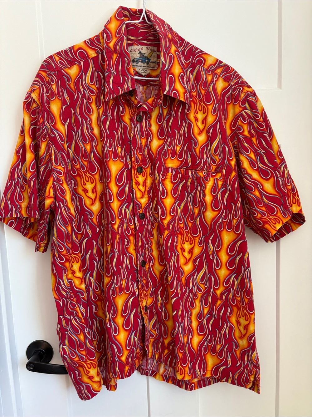 100% cotton vintage Men's Red Flame Print Short-Sleeve Shirt